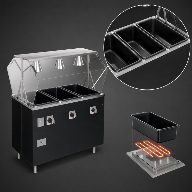 Product image #3 for Vollrath 2-Series Affordable Portable Deluxe 3-Well Mobile Hot Food Station with Buffet-Style Breath Guard and Enclosed Base