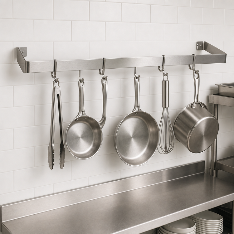Product image #3 for John Boos 36-Inch Wall-Mount Single-Bar Stainless Steel Pot Rack with 3 Double Hooks