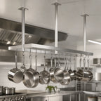 Thumbnail image #3 for John Boos PRTC6-C Ceiling-Mounted Square 300 Series Stainless Steel Pot Rack, 127-1/4"W x 18"D x 48"H, 33 Double Hooks, Triple-Bar