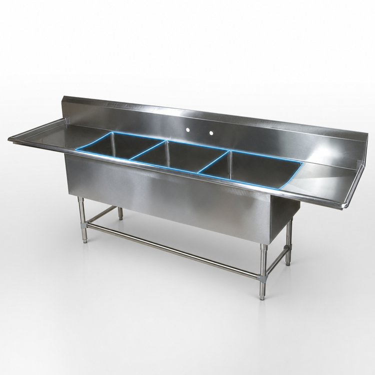 Product image #3 for John Boos Pro-Bowl Freestanding 3-Compartment Stainless Steel Sink with Left and Right Drainboards, 111-1/4 Inch Wide