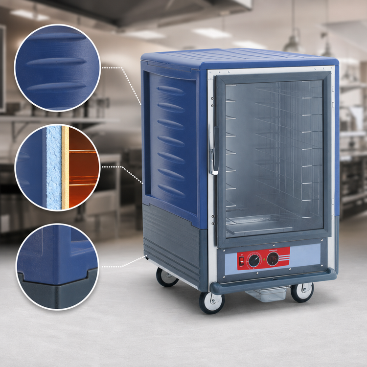 Product image #3 for Metro C5 3 Series Mobile Half-Height Heated Holding Cabinet with Blue Insulation Armour, Clear Door, Lip Load Slides, 17-Pan Capacity, 120V