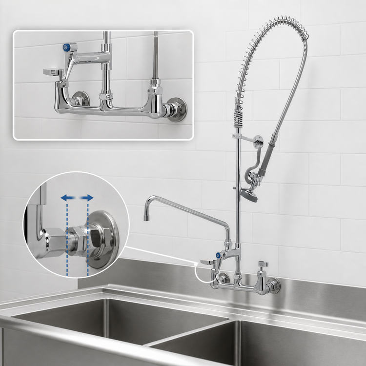 Product image #3 for EasyInstall 8" Wall-Mount Pre-Rinse Unit with Add-On Faucet, 14" Swivel Nozzle and 44" Hose