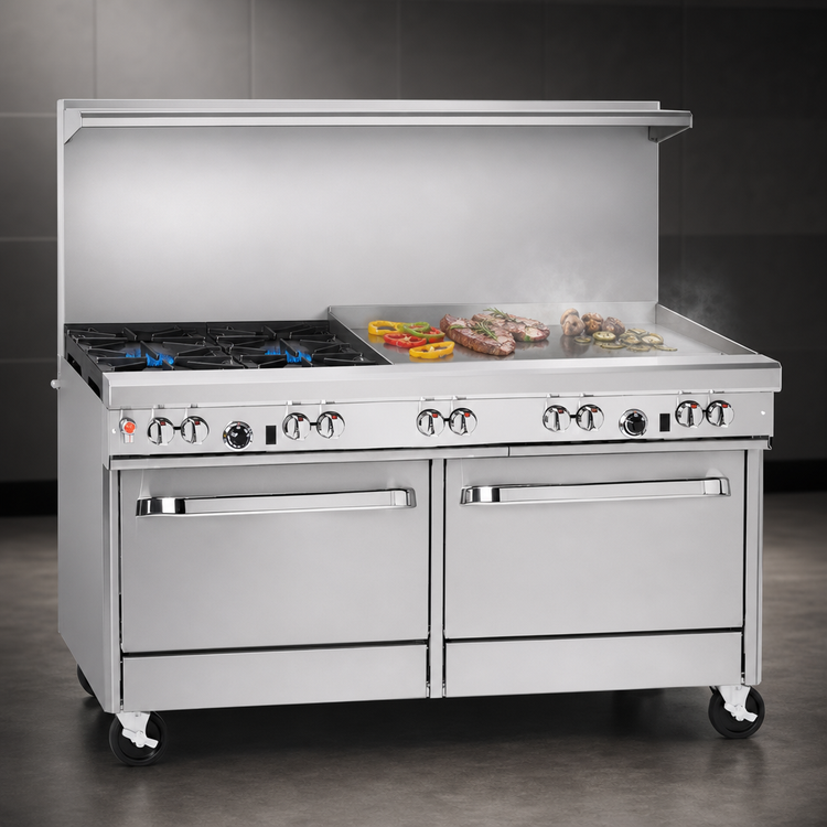 Product image #3 for Ultimate 60-Inch Gas Restaurant Range with 2 Star/Saute Burners, 48-Inch Thermostatic Griddle, Standard Oven, and Convection Oven