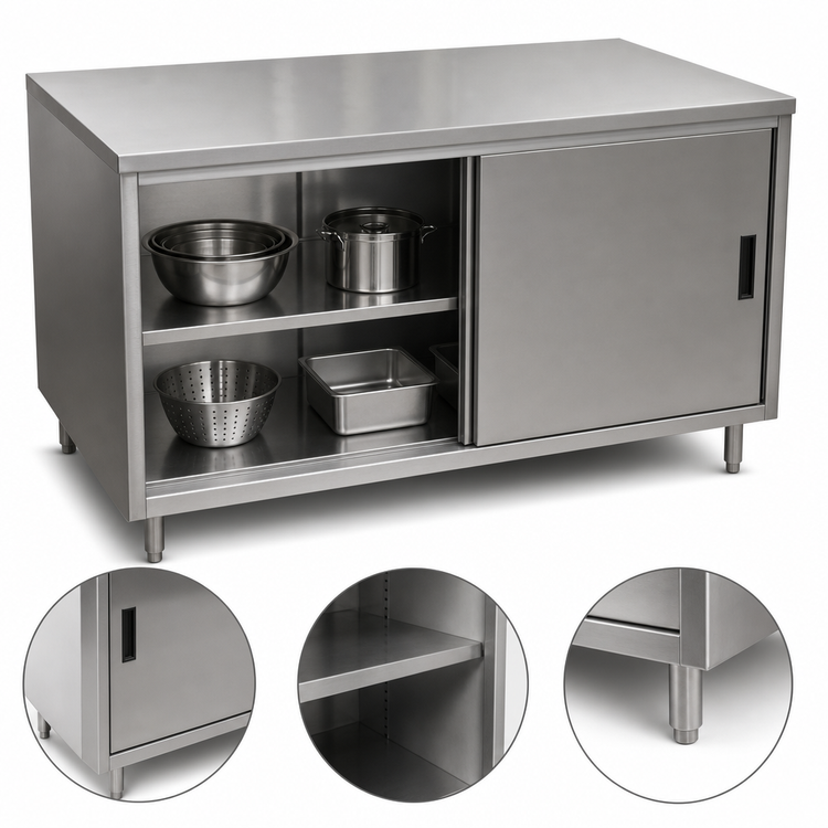 Product image #3 for BK Resources 48-Inch x 30-Inch 304 Stainless Steel Chef Table with Cabinet Base and Sliding Doors