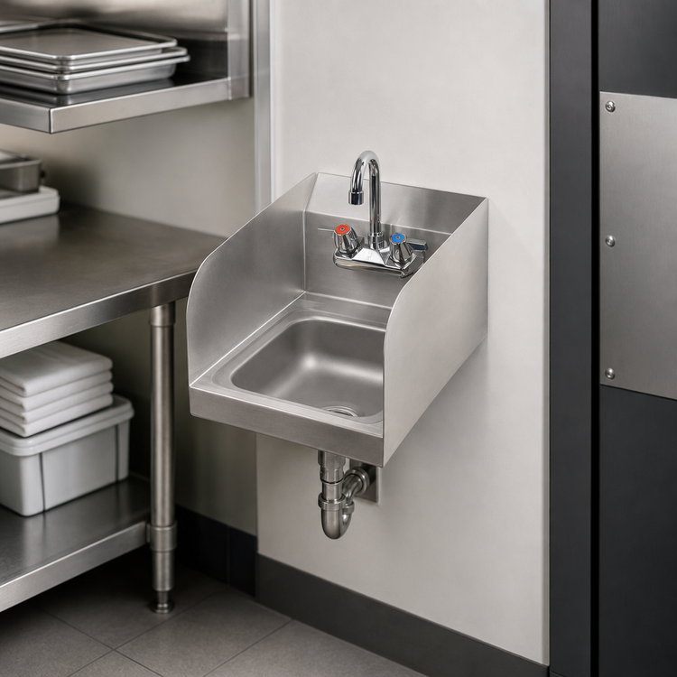 Product image #3 for BK Resources Space Saver Wall-Mount Hand Sink with 9" x 9" Bowl, Dual Side Splashes and Splash-Mount Faucet