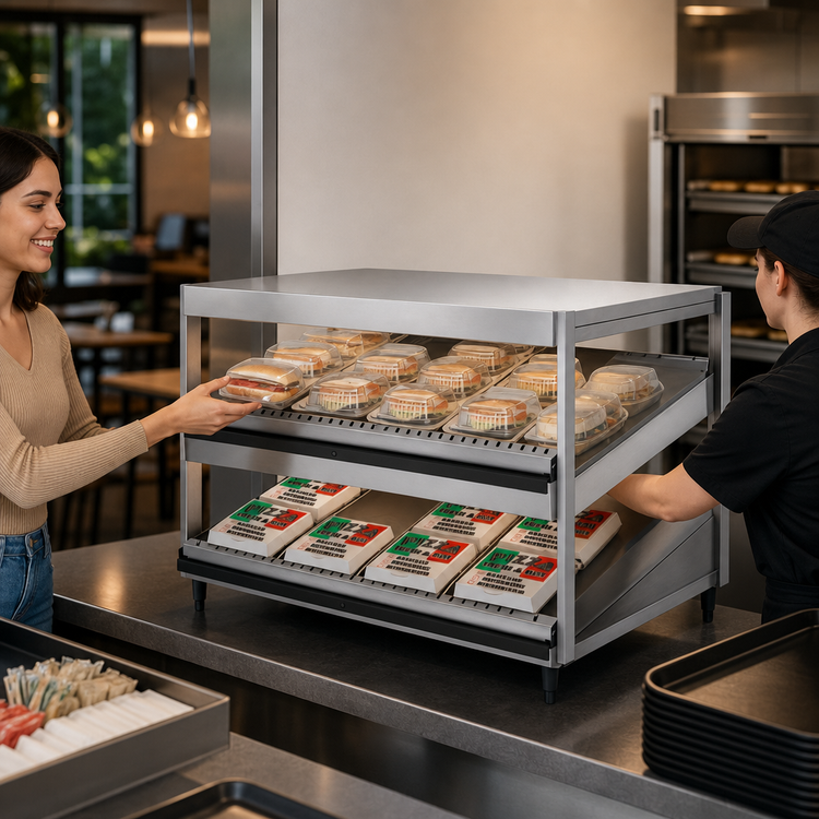 Product image #3 for Hatco Glo-Ray 30-Inch Countertop Pass-Through Merchandising Warmer with 2 Slanted Shelves