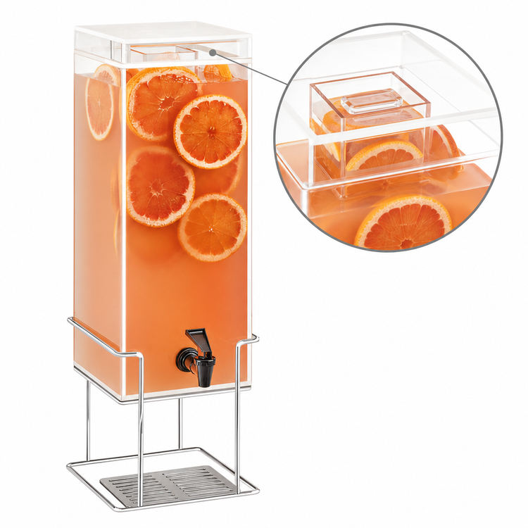 Product image #3 for Cal-Mil Mid-Century 3 Gallon Square Beverage Dispenser with Infusion Chamber, Drip Tray, and Chrome Wire Base