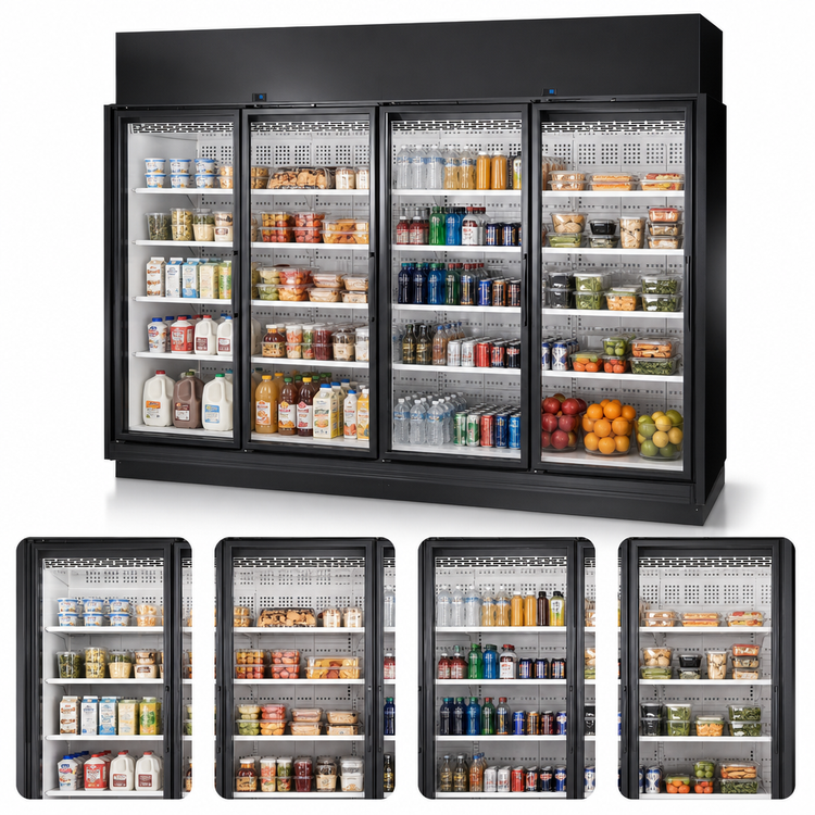 Product image #3 for True 4-Section Glass Door Refrigerated Merchandiser, Medium Temp, Self-Contained, Black Exterior/White Interior