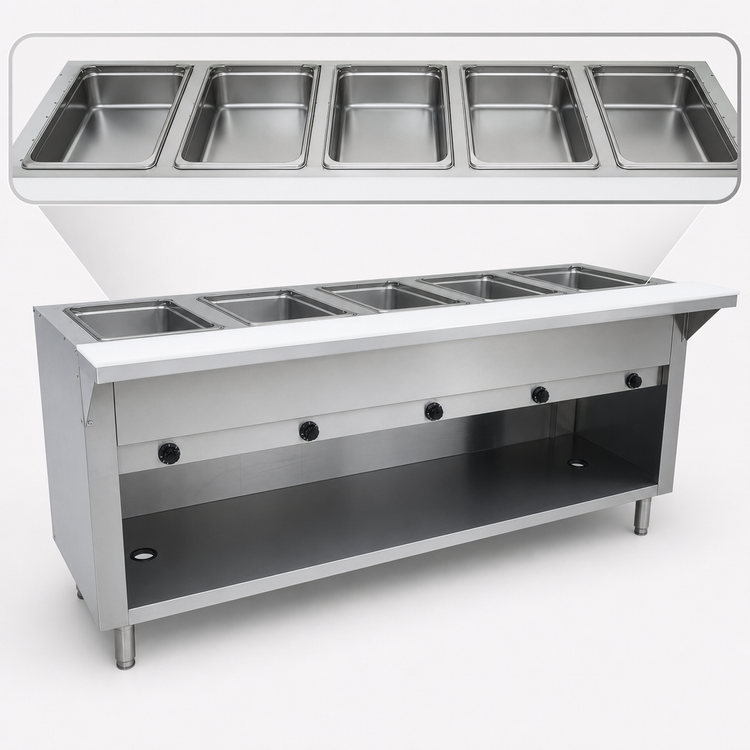 Product image #3 for Triumph Supreme 5-Well Natural Gas Hot Food Table with Enclosed Stainless Steel Base and Cutting Board Shelf