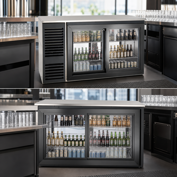 Product image #3 for Pass-Thru Sliding Door Refrigerated Back Bar Storage Cabinet, 60 Inch, 4 Glass Doors, Left-Mounted Self-Contained