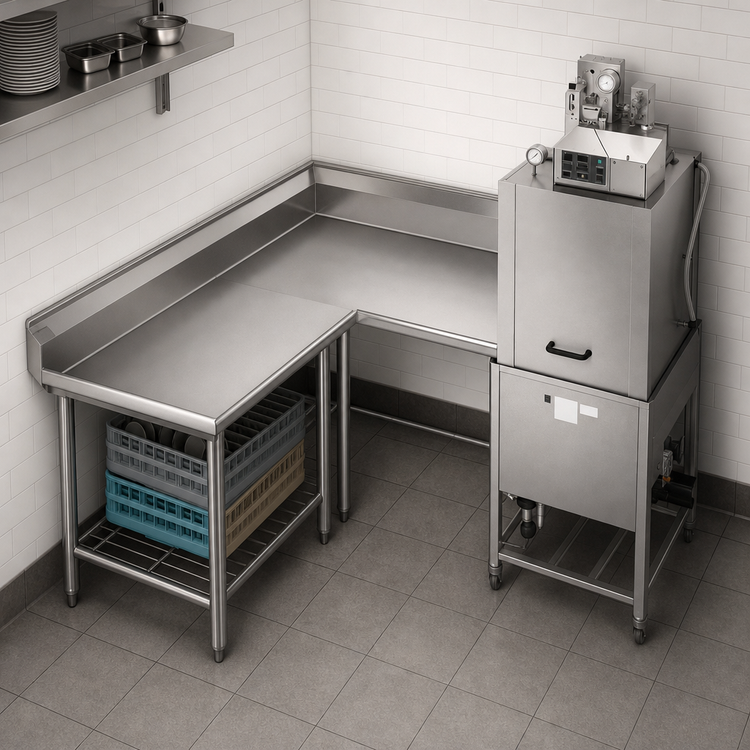 Product image #3 for Eagle Group Corner Clean Dishtable, 120-Inch Machine-to-Corner x 60-Inch Corner-to-End, Right-to-Left Operation, 16-Gauge 430 Stainless Steel Top