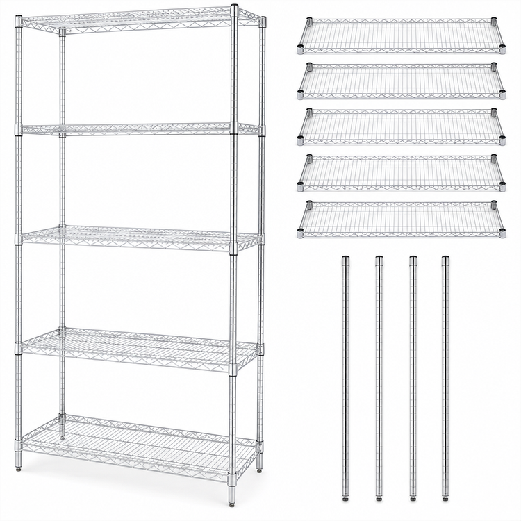 Product image #3 for Quantum 48"W x 14"D x 74"H Stationary Chrome Wire Shelving Starter Kit with 5 Shelves and 4 Posts