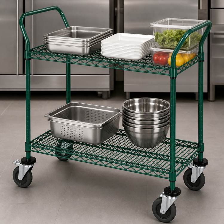 Product image #3 for Quantum 42-Inch x 18-Inch 2-Shelf Wire Utility Bus Cart, Green Epoxy Antimicrobial Finish, 1200 lb. Capacity