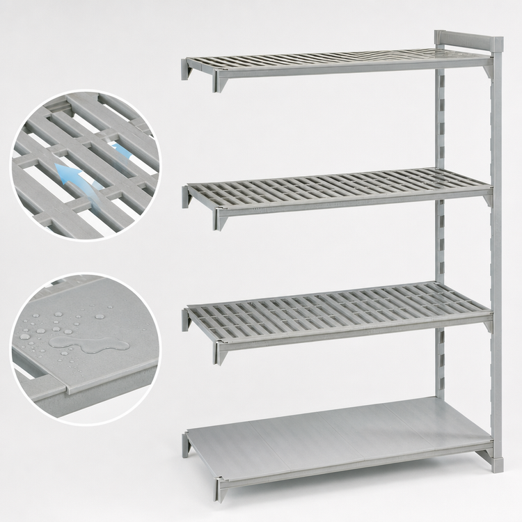 Product image #4 for Cambro Camshelving Premium 4-Tier 18 x 48 x 84 Inch Add-On Polymer Shelving Unit, 3 Vented + 1 Solid