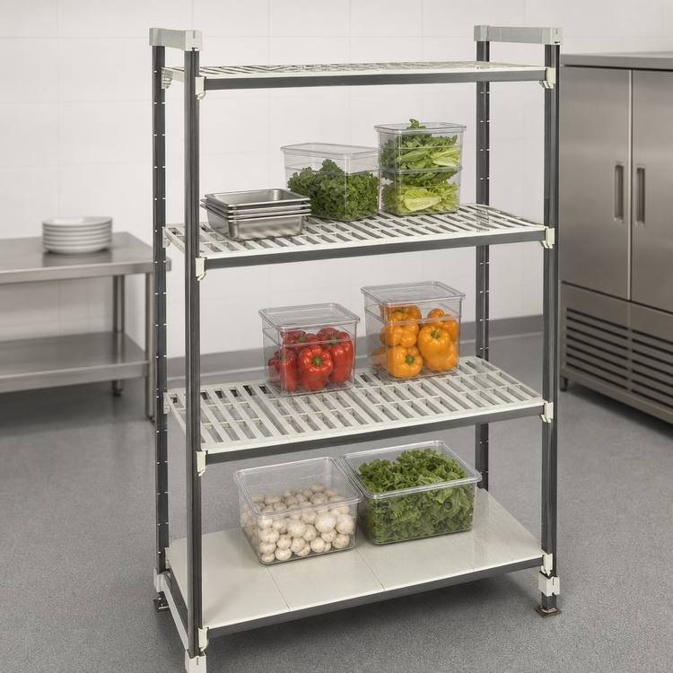 Product image #3 for Cambro Camshelving Elements XTRA High-Density Top-Rail Stationary Starter Unit, 21 x 60 x 81 Inch, 4-Shelf, 3 Vented + 1 Solid, Speckled Gray