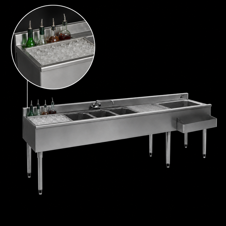 Product image #3 for Eagle 1800 Series 84-Inch Underbar Combination Unit with 24-Inch Ice Bin, 3 Sinks, and Dual Drainboards