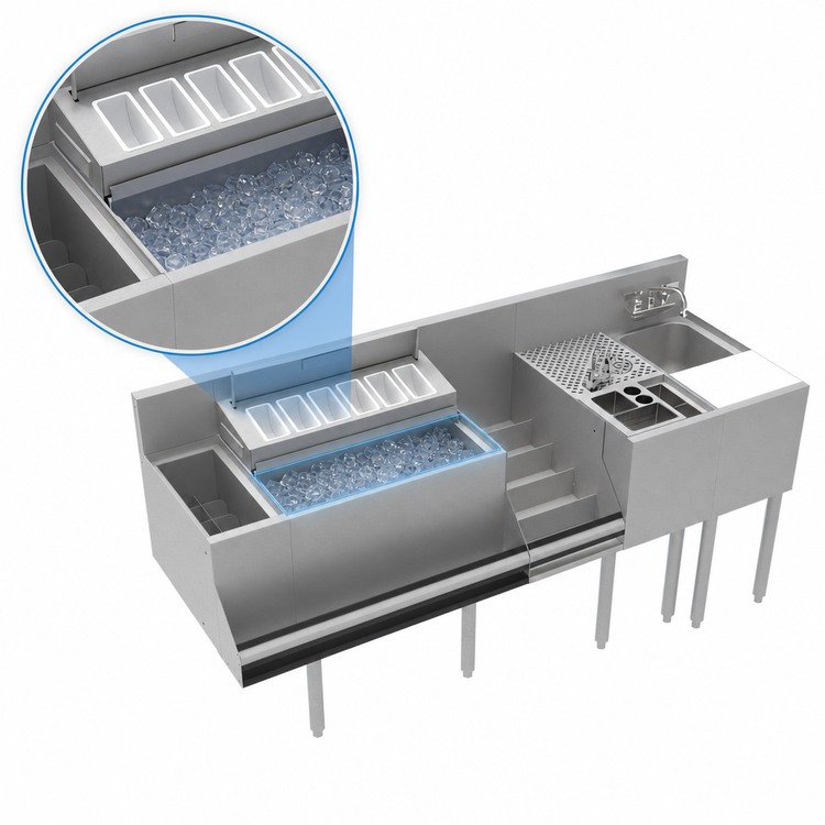 Product image #3 for Krowne Royal Series 68-Inch Stainless Steel Underbar Workstation with Ice Bin, Elixir Well, Dump Sink, Cutting Board, and Cabinet