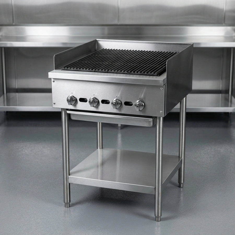 Showcasing its robust stainless steel construction, this charbroiler offers exceptional durability and effortless cleaning for any busy commercial kitchen.