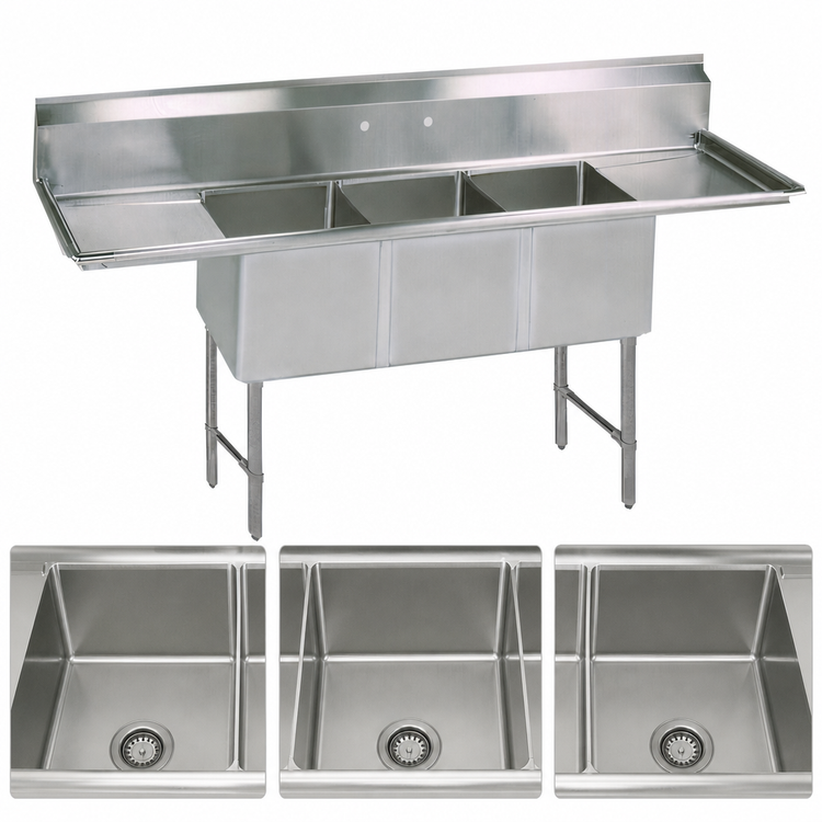 Product image #3 for BK Resources 3-Compartment Stainless Steel Sink with Left & Right Drainboards, 87-1/4-Inch Wide