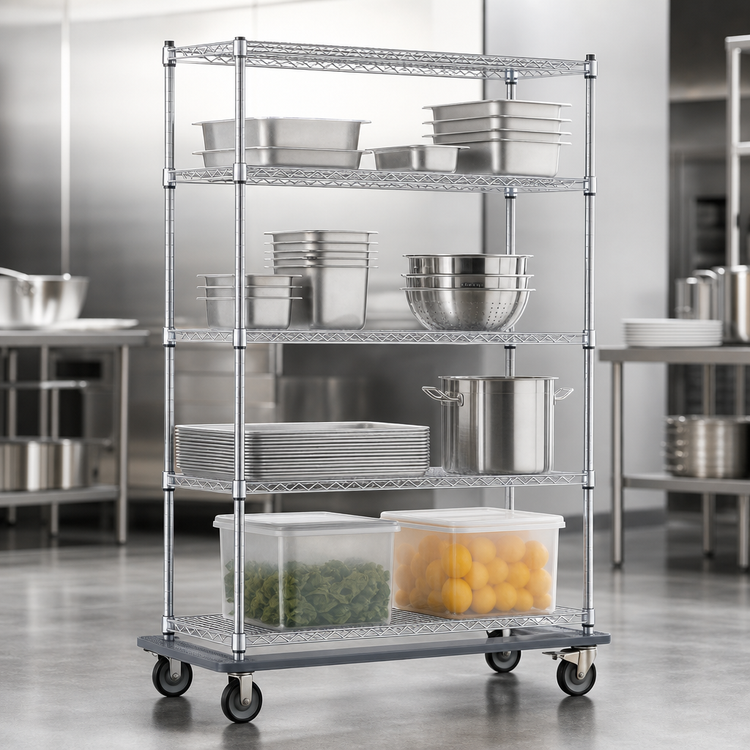 Product image #3 for Eagle Group 4-Tier Chrome Wire Shelving Dolly Truck, 36W x 18D, Poly Tread Swivel/Brake Casters