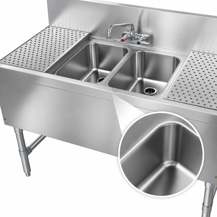 Product image #3 for Prestige 2-Compartment Stainless Steel Underbar Sink Unit with Dual Drainboards and Splash-Mount Faucet