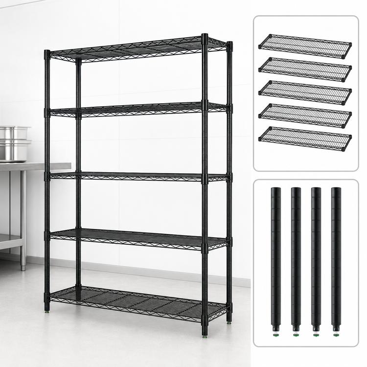 Product image #3 for Quantum 5-Shelf Stationary Wire Shelving Starter Kit, 60"W x 21"D x 54"H, Black Epoxy Antimicrobial