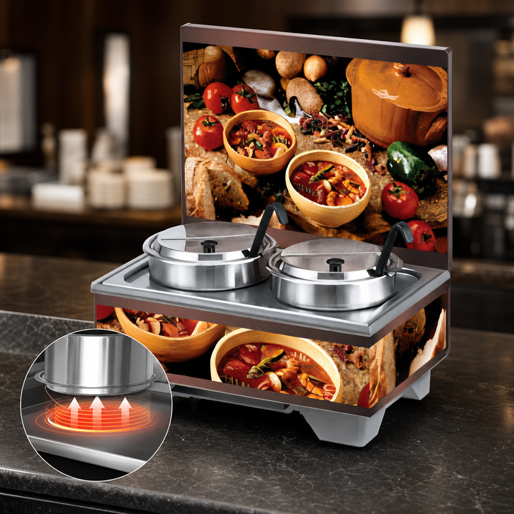 Product image #3 for Vollrath Cayenne Full-Size Rethermalizing Soup Merchandiser Base with Flush-Mount Menu Board, Country Kitchen Graphics, and 7 Qt Accessory Pack