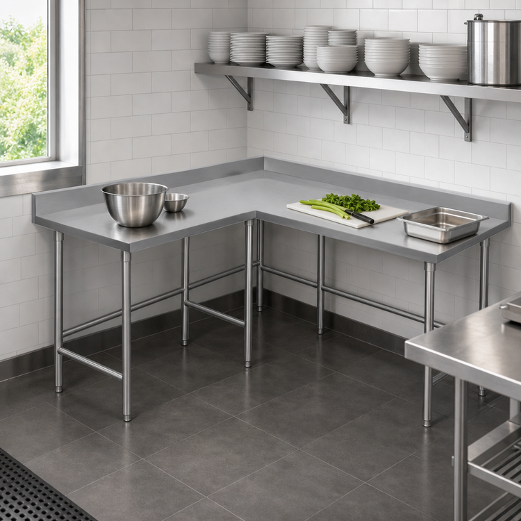 Product image #3 for Advance Tabco KTMS-2412 L-Shaped Stainless Steel Corner Work Table, 144-Inch x 60-Inch with 24-Inch Working Depth and 5-Inch Backsplash