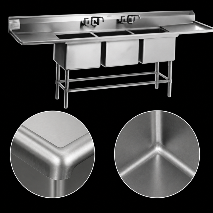 Product image #3 for Eagle Group Spec-Master FN Series Coved Corner Three-Compartment Sink with Dual 24-Inch Drainboards, 114-Inch Wide x 27-Inch Deep