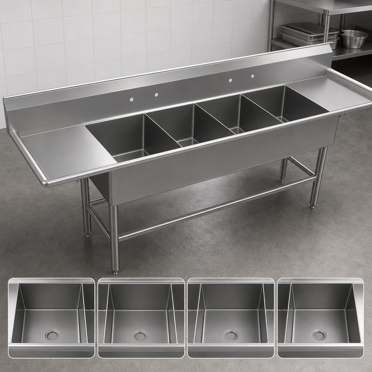 Product image #3 for John Boos Pro-Bowl 4-Compartment Commercial Stainless Steel Sink with Left and Right Drainboards, 18 x 24 x 12 Inch Bowls
