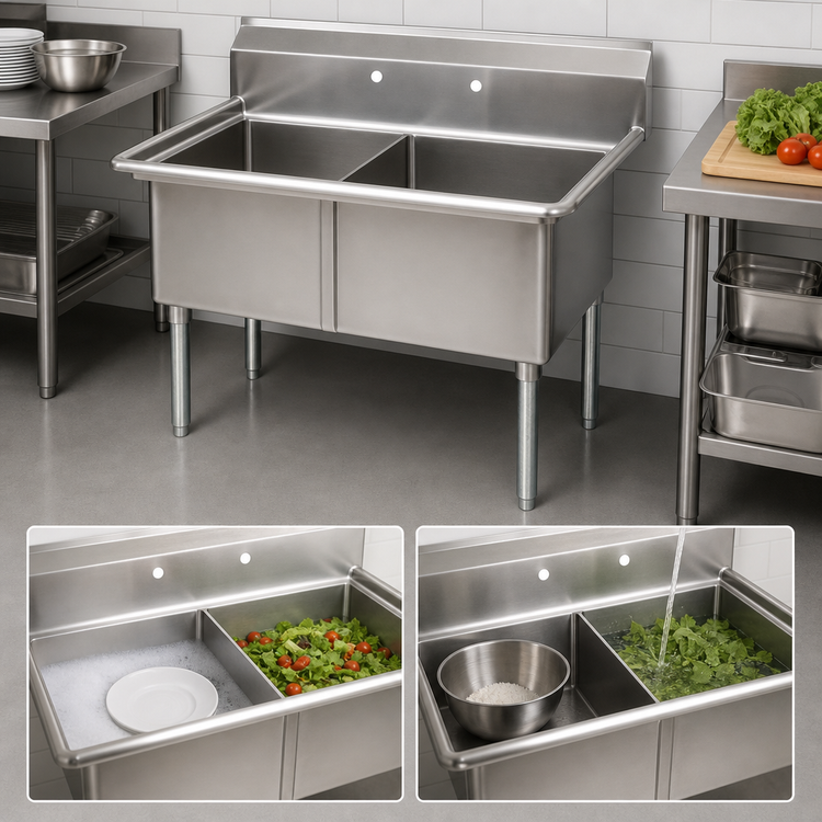 Product image #3 for John Boos E-Series 2-Compartment 18-Gauge Stainless Steel Sink with 16 x 20 x 12 Inch Bowls and Galvanized Legs