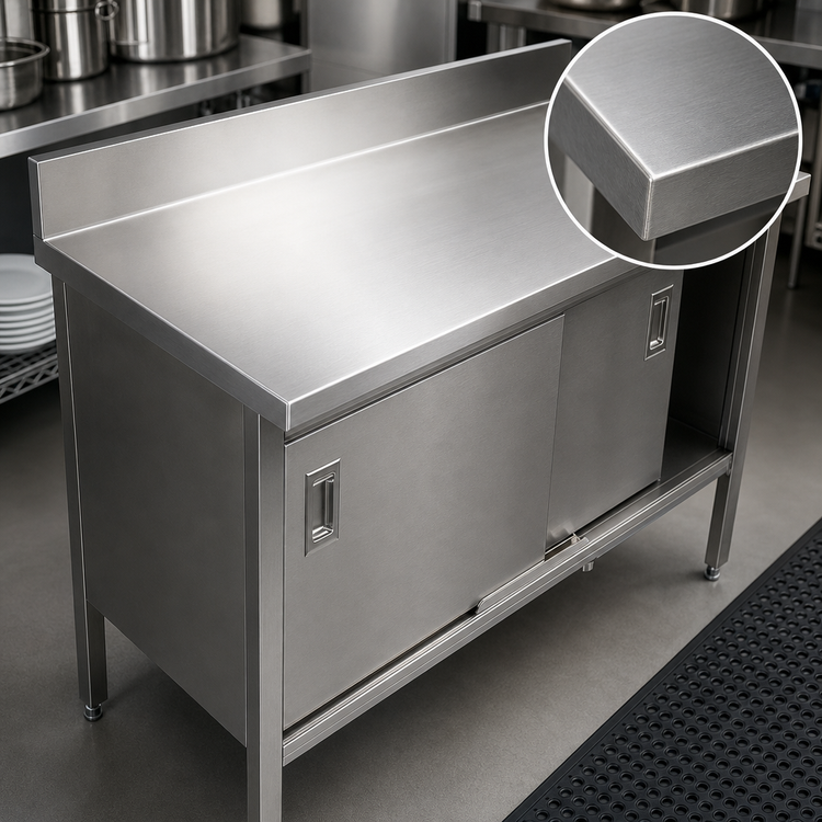 Product image #3 for John Boos 48" x 24" Stainless Steel Enclosed Work Table with Cabinet Base, Sliding Doors, and 5" Backsplash