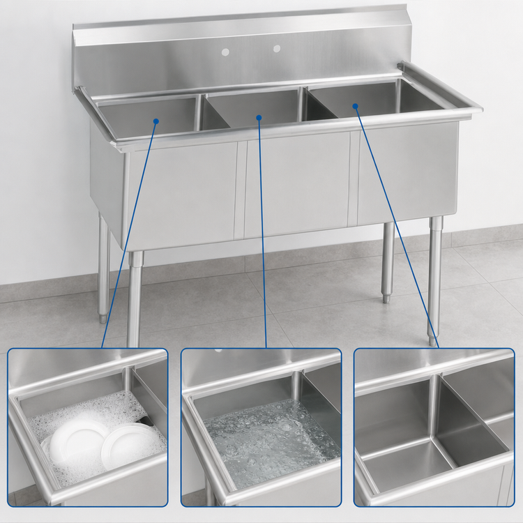 Product image #3 for BK Resources Three Compartment Stainless Steel Sink, No Drainboards, 16 x 20 x 12 Inch Bowls, 9-Inch Backsplash
