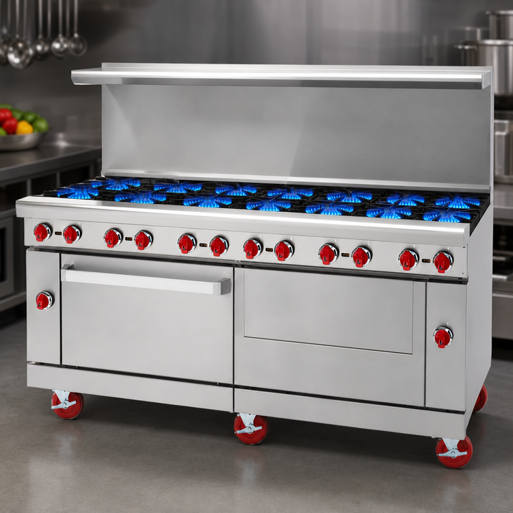 Product image #3 for American Range 72-Inch Gas Restaurant Range with 12 Open Burners, Left Convection Oven, and Right Storage Base