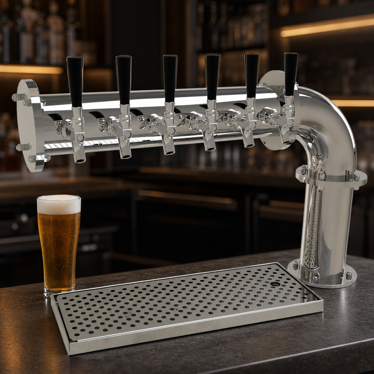 Product image #3 for Glastender PC-6-MFR Countertop Pipe Cantilever Draft Dispensing Tower, 6 Faucets, Glycol-Cooled, Mirror Finish