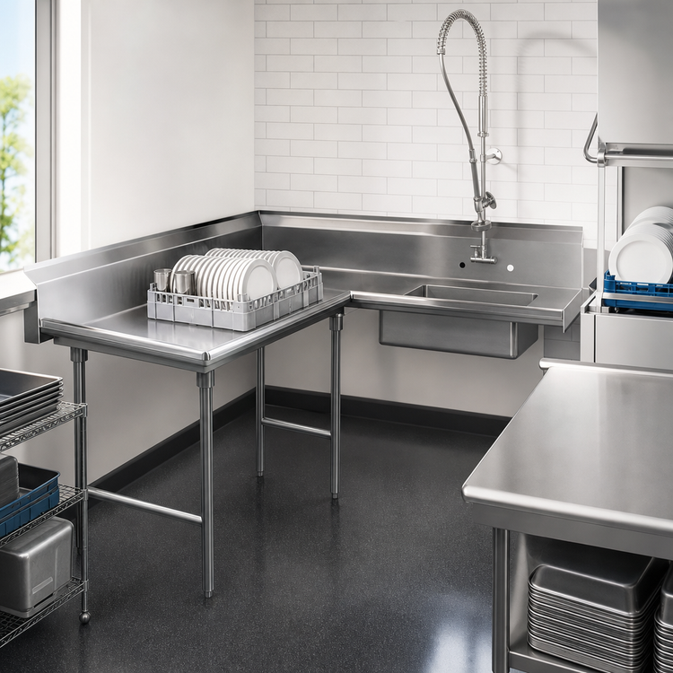 Product image #3 for Advance Tabco Korner Soil Left-Hand L-Shaped Dishtable with Pre-Rinse Sink, 71 Inch, 304 Stainless Steel