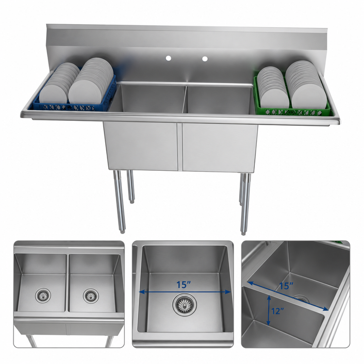 Product image #3 for KoolMore 60 Inch x 21 Inch Commercial 2-Compartment Stainless Steel Sink with Left and Right Drainboards