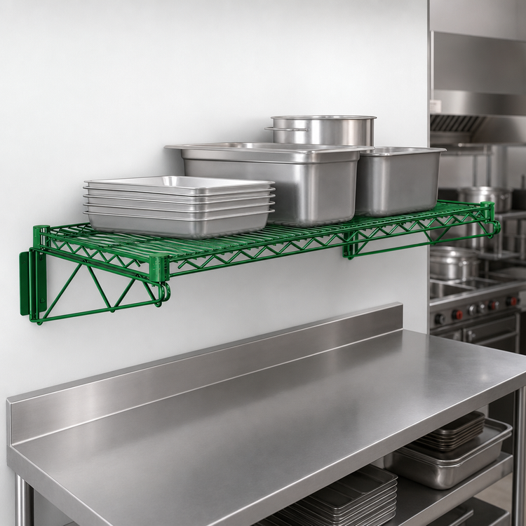 Product image #3 for Quantum Wall-Mounted Cantilever Single Wire Shelf, 60 x 24 Inches, Green Epoxy Antimicrobial Finish
