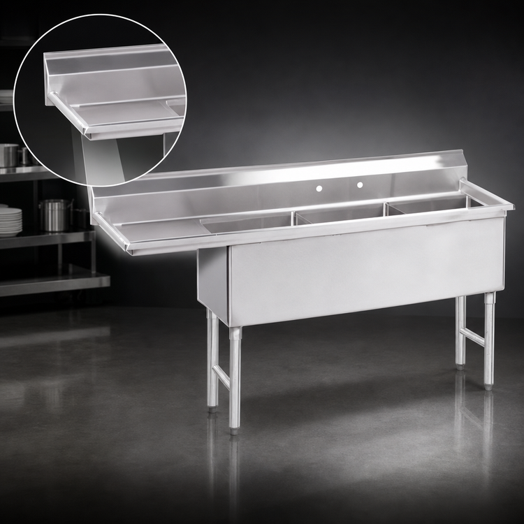 Product image #3 for Advance Tabco Fabricated 3-Compartment Sink with Left Drainboard, 30" x 24" x 14" Bowls, 14-Gauge 304 Stainless Steel