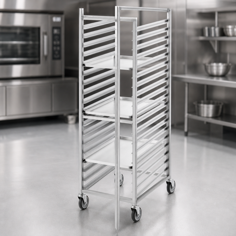 Product image #3 for Channel All-Welded Stainless Steel Side-Load Bun Pan Rack for 18 x 26 Pans, 10-Pan Capacity, 5-Inch Swivel Casters