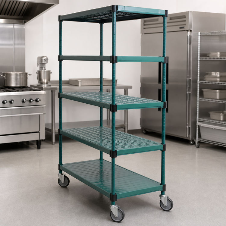 Product image #3 for QuadPLUS 5-Tier Mobile Starter Wire Shelving Unit, 48W x 18D x 74H, Green Epoxy Finish