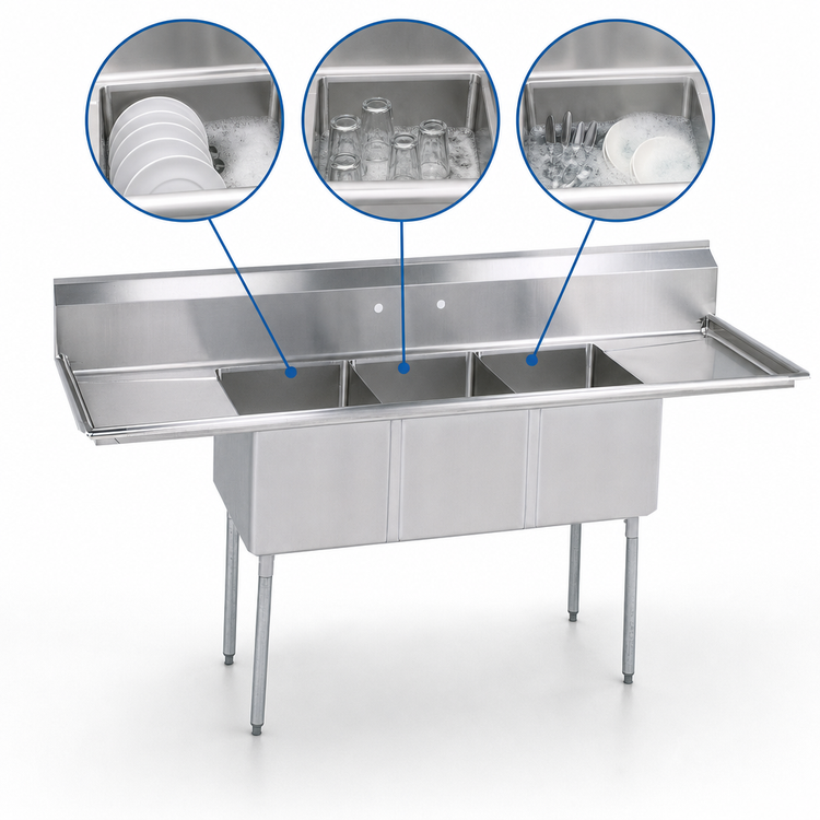 Product image #3 for BK Resources 90-Inch Three-Compartment Stainless Steel Sink with Dual Drainboards