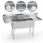 Thumbnail image #3 for BK Resources BKS-3-18-12-18TS 90-Inch Three-Compartment Stainless Steel Sink with Left and Right Drainboards, 18 x 18 x 12-Inch Bowls