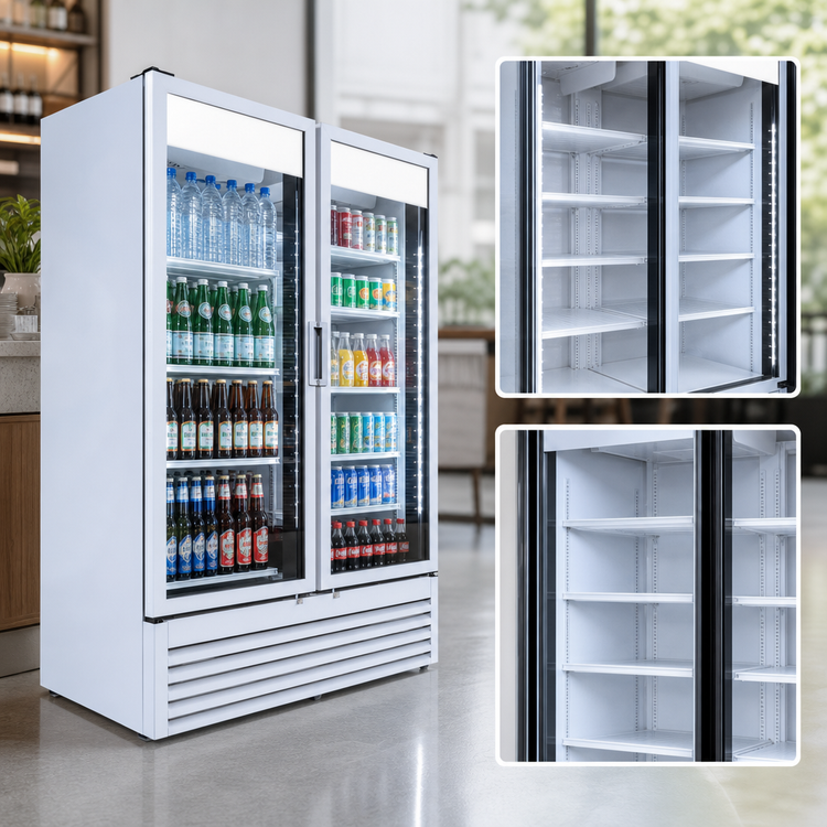Product image #3 for Beverage Air Marketeer Two-Section Reach-In Glass Door Refrigerated Merchandiser, 41.66 Cu. Ft., White, Bottom-Mounted Self-Contained, R290