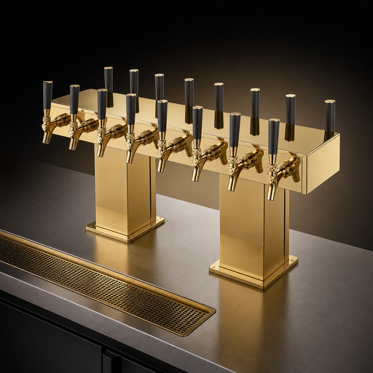 Product image #3 for Perlick Extra High Back-to-Back Bridge Tee Countertop Glycol-Cooled Draft Beer Tower, Brass Finish, 16 Faucets