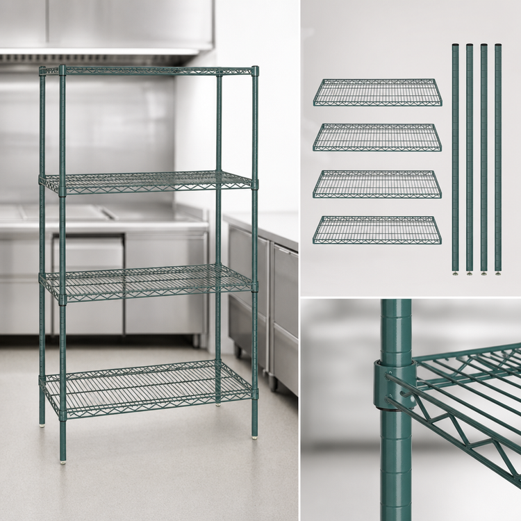 Product image #3 for Quantum 48"W x 18"D x 63"H Stationary Wire Shelving Starter Kit, 4 Shelves, Green Epoxy Antimicrobial Finish