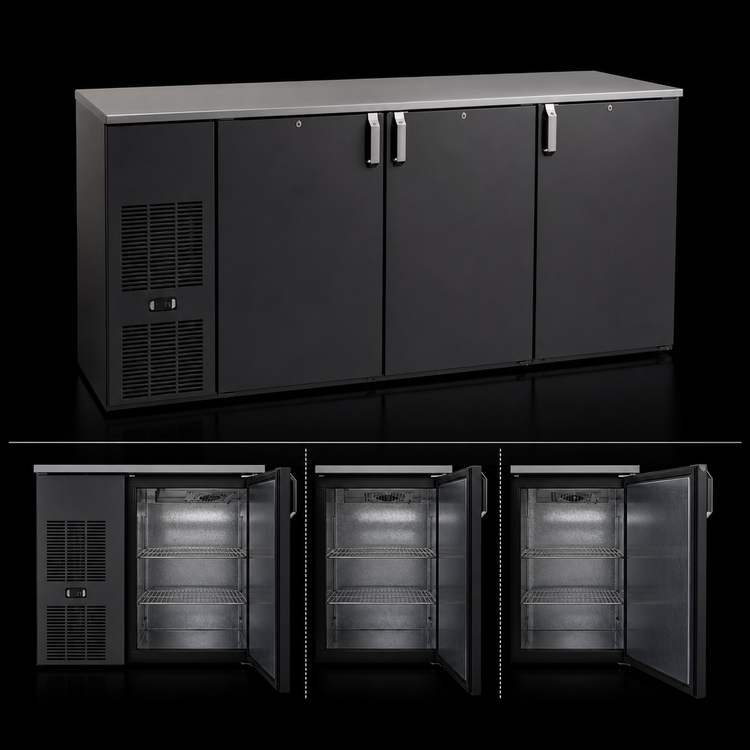 Product image #3 for Glastender C1FB72 One-Zone Front-Serviced Bar Profile Back Bar Cooler, 72 Inch, Three-Section, Self-Contained, Stainless Top, Black Exterior