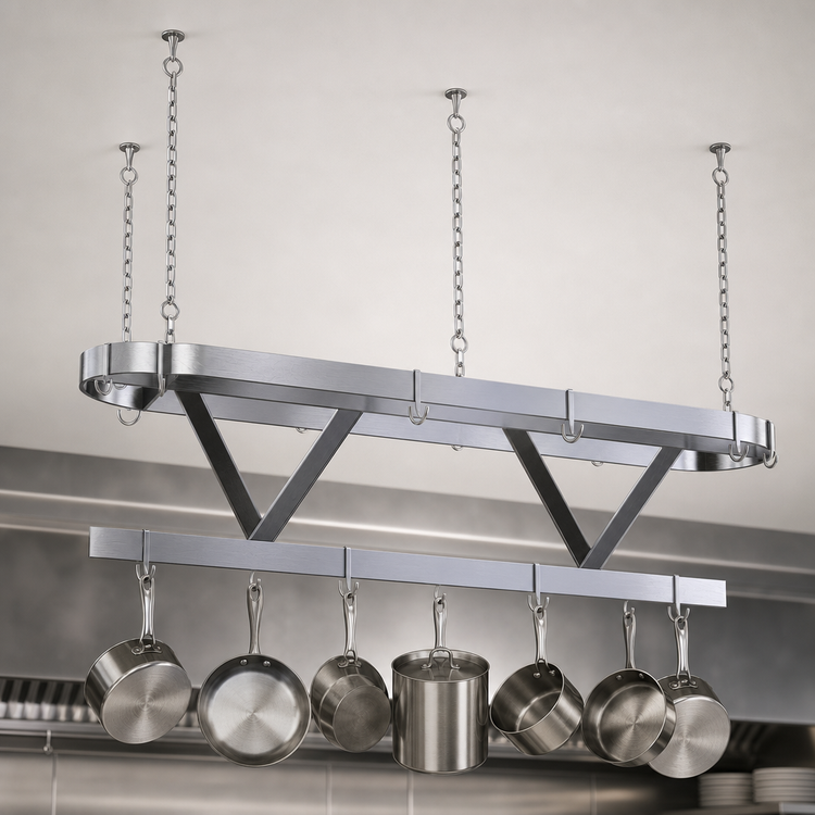 Product image #3 for Advance Tabco Ceiling-Mounted Triple-Bar Stainless Steel Pot Rack, 36 x 22 Inches