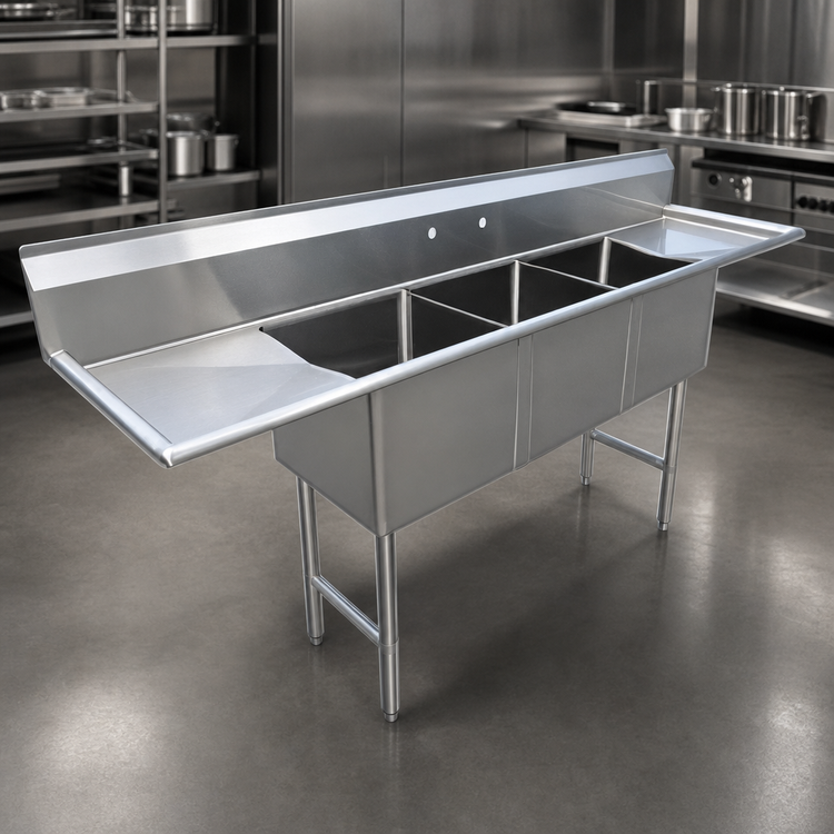 Product image #3 for 75-Inch Heavy-Duty Stainless Steel Three-Compartment Sink with Double Drainboards