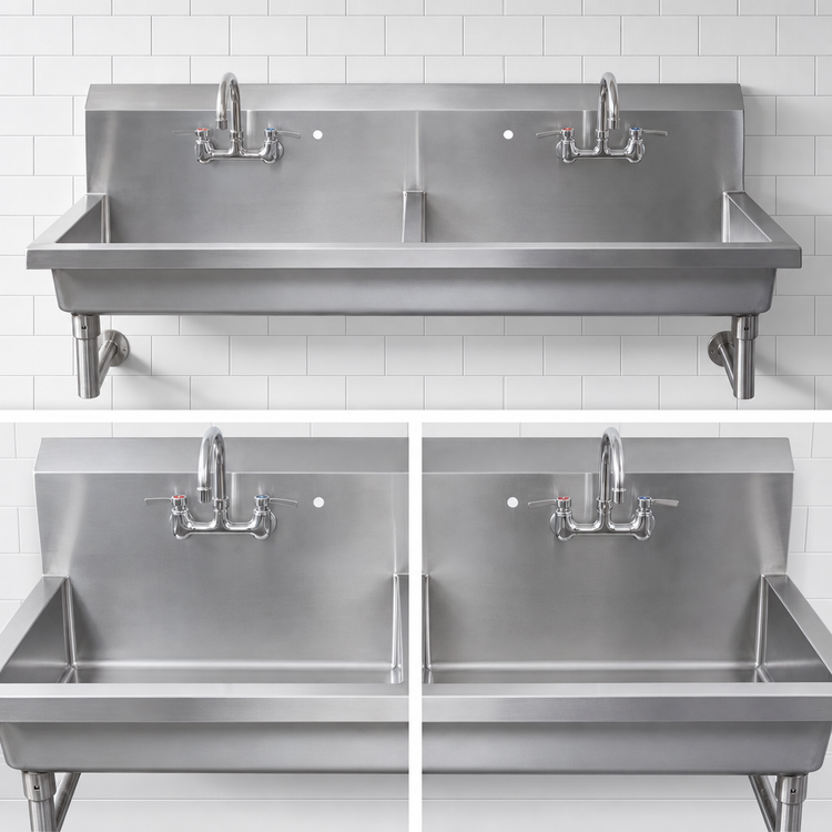 Product image #3 for BK Resources MSHS-60W1 Two-Station Wall-Mounted Stainless Steel Hand Wash Sink, 60 Inch